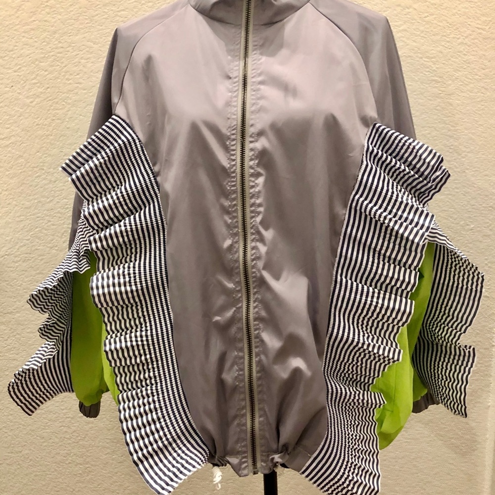 Gray and Lime Green Lightweight Jacket w/ ruffles on the sleeve